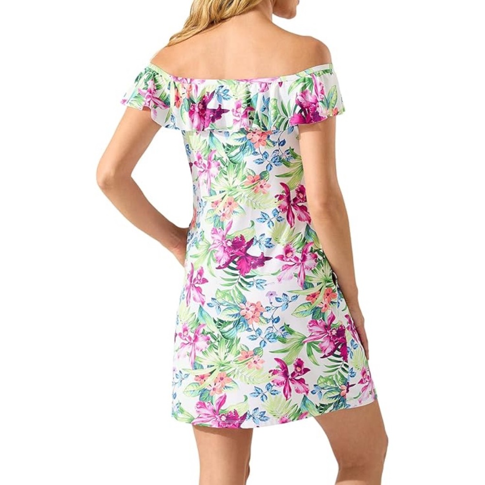 Tommy Bahama White and Pink Mini Dress with Ruffled Off-Shoulder